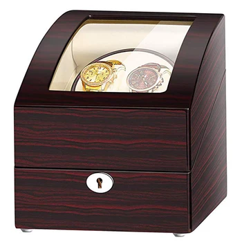 

JQUEEN Ebony Baking Finish Automatic Double Watch Winder with 3 Storage Box Case White PU Leather Interior With Key