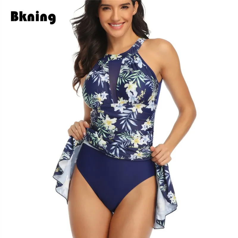 Floral One Piece Swimsuit with Skirt Mesh High Neck Swimwear for Women Flower Print Swimming Suit One-piece Swimdress plus size |