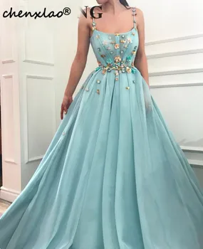 

Light Sky Blue Spaghetti Straps Long Prom Dresses Elegant Square Neck A-line Tulle Sequined 3D Flowers Sweet 16 Party Dress