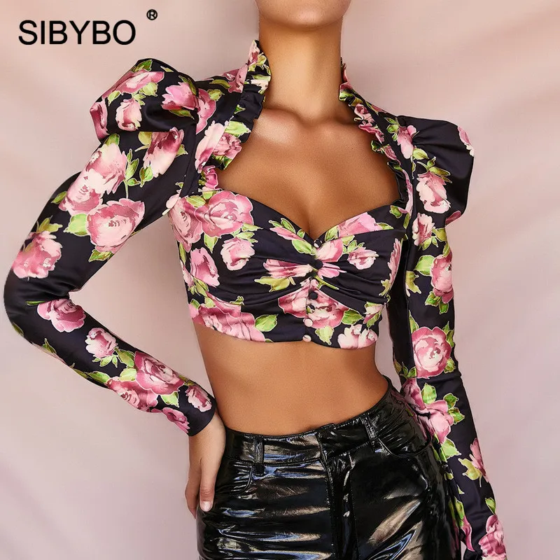 SIBYBO розовый цветочный принт тонкий осенний Женский Топ с длинным рукавом и v-образным вырезом Сексуальная футболка женская уличная Повседневная укороченная женская футболка