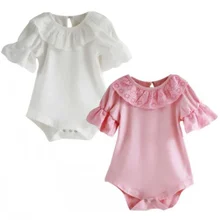 Flower Lace Collar Infant Toddler Baby Girls Short Sleeve Solid Bodysuit Jumpsuit One pieces Outfits