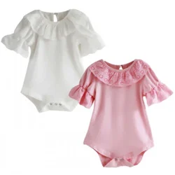 Combinaison en dentelle à fleurs pour bébés filles, col en dentelle, à manches courtes, body solide, tenues une pièce 