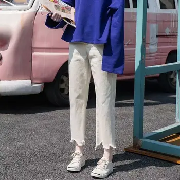 

Women Autumn Solid Color Loose Denim Wide Leg Loose Elastic High Waist Tie Straight Casual Pants