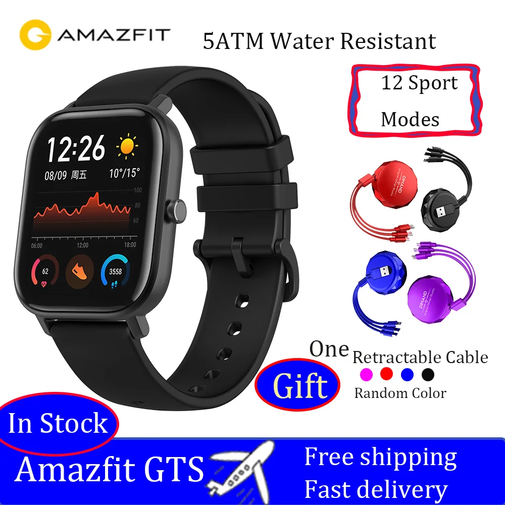 Глобальная версия Amazfit GTS Смарт-часы 5ATM водонепроницаемые спортивные часы для плавания 14 дней батарея контроль музыки без налога и - Цвет: Obsdian Black-cable