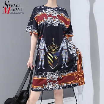 

New 2020 Korean Style Women Summer Printed Straight Dress Cartoon Plus Size Ladies Casual Beach Dress Style Midi Robe Femme 6000
