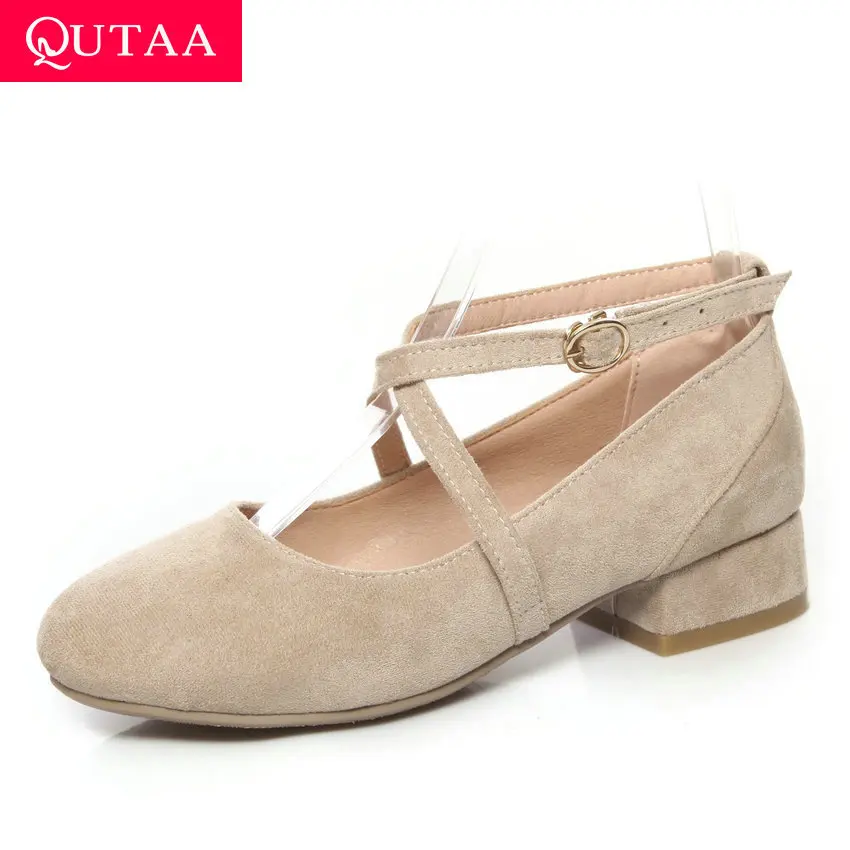 

QUTAA 2020 Buckle Concise Shallow Single Shoes Flock Round Toe Casual Women Pumps Square Heel All Match Women Shoes Size 34-43