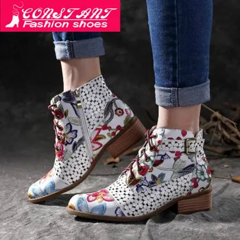 

CONSTANT New Women's Boots 2019 Autumn Explosions Color Matching Flowers Women Martin Boots 43 Large Size Spot Zapatos De Mujer