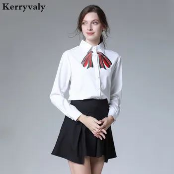 

New Two-Piece Set Women Bow Embroidered White Shirt + Flounced Skirt Conjunto Feminino Short E Blusa Women 2 Piece Set K6634