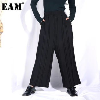

[EAM] High Elastic Waist Black Striped Long Wide Leg Trousers New Loose Fit Pants Women Fashion Tide Spring Autumn 2020 JO571