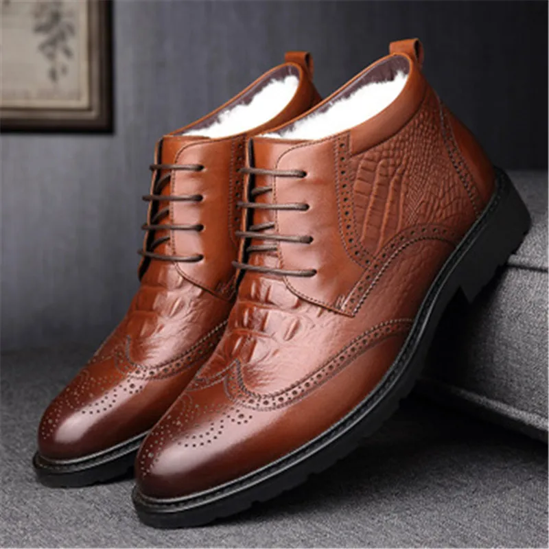 

Men Crocodile Pattern Genuine Leather Emboss Ankle Boots Winter Warm Plush for Cold Winter Snow Boots Bullock Business Footwear