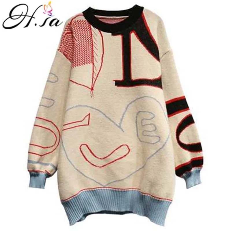 

H.SA winter clothes women 2019 Long Sweater Dress Cartoon Patchwork LOVE Sweaters and Pullovers Long Knitwear Robe Pull Mujer