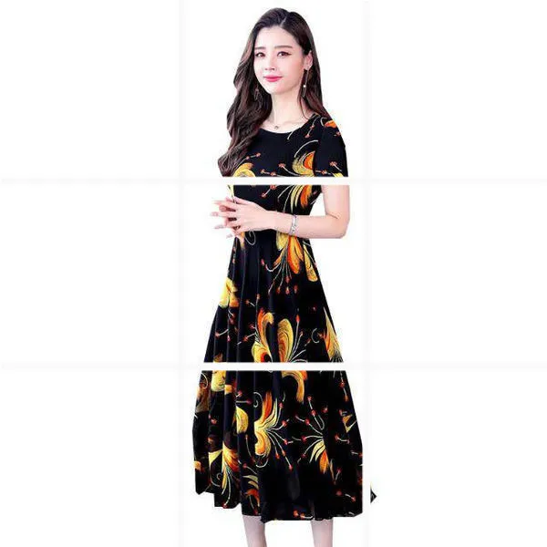 

Spring Summer New Style Korean-style Large Size Belly Covering Waist Hugging Slimming Dress Mid-length Middle-aged WOMEN'S Appar