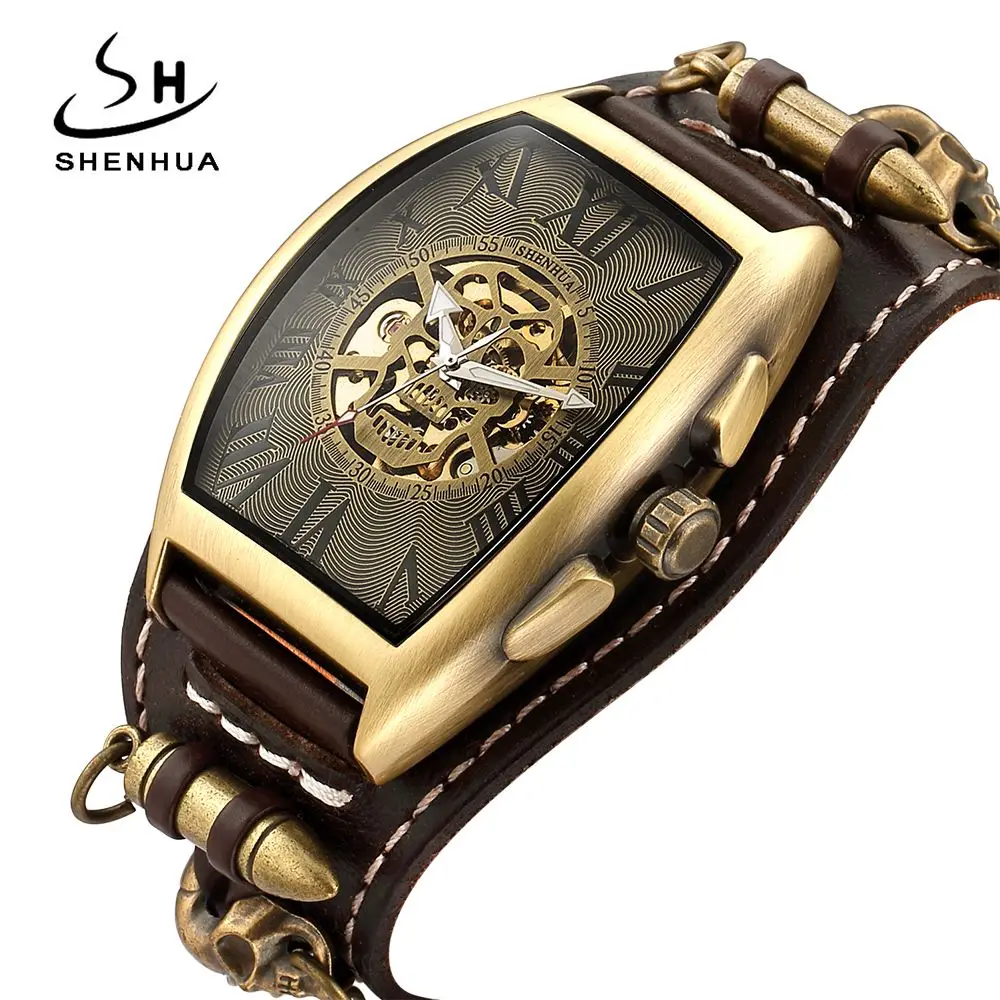 

Mens Watches Skull Skeleton Hollow Watch for men Casual Leather Automatic Mechanical Wristwatch Men Relogio Masculino SHENHUA