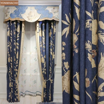 

Custom curtains European Chenille living room American country rural blue cloth blackout curtain tulle valance drape B908