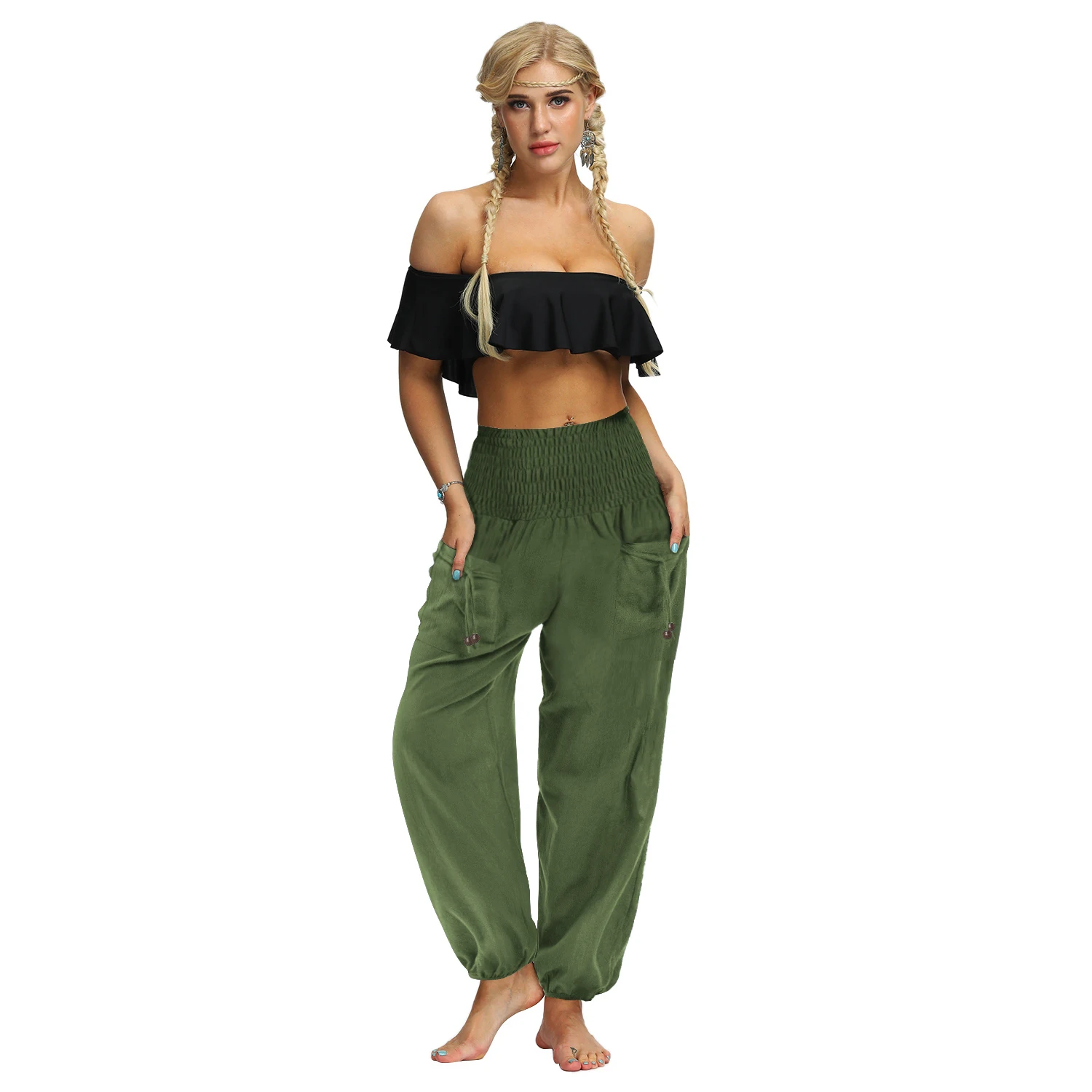 Summer Women High Waist Pants Casual Solid Long Trousers Elastic Waist Loose Harem Pants capri dress