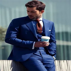 2021 New High-Quality Customized Peak Lapel Blue Men's Suit Groom Wedding/Prom Fashion 3 - Piece Set (Coat + Vest + Pants + Tie)