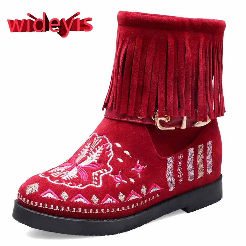 Shoes woman WIDEYIS nubuck national wind women's boots winter simple wild solid color tassel boots comfortable warm boots - Color: red