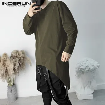 

INCERUN Fashion Men T Shirt Streetwear Solid Color Round Neck Long Sleeve Chic Irregular Tees 2020 Casual Mens T-shirts S-3XL