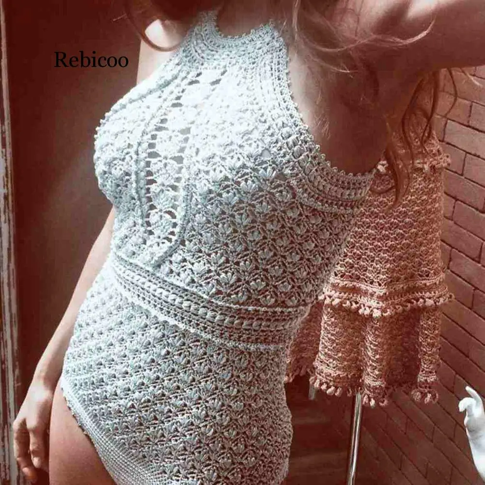

Vintage Out Crochet One Piece Lace Swimwear Women Bathing Suits Beach Swimming Halter Monokini Backless Swimsuit Black White