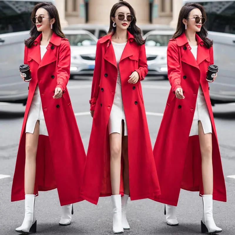 Red Trench Coat Длинная ветровка, Женский Повседневный однотонный Тренч, женская одежда, большой размер, двубортный, свободный, офисный, Женский Тренч, Q2210 - Цвет: Red Trench Coat