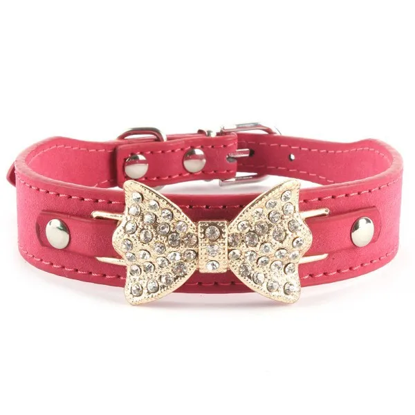 

Lovely Pet Dog Leather Collar Pup Bling Crystal Gold Bowknot Buckle Choker Limited Special Offer