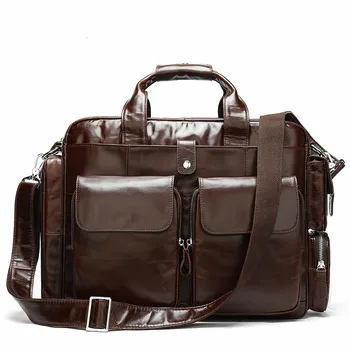 

New Retro Genuine Leather Men's Single Shoulder Messenger Bag Oil Wax Leather 14-inch Portable Briefcase
