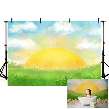 

Sunrise Backdrop for Photography Photo Studio Photo Backdrop Grass Blue Sky and White Clouds Photography Backdrops Photo Banner