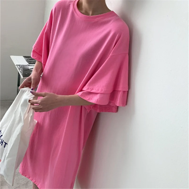 

Summer New Loose Slim Rose Red Solid Butterfly Sleeve Casual oversized T-shirt Dresses for Women E638