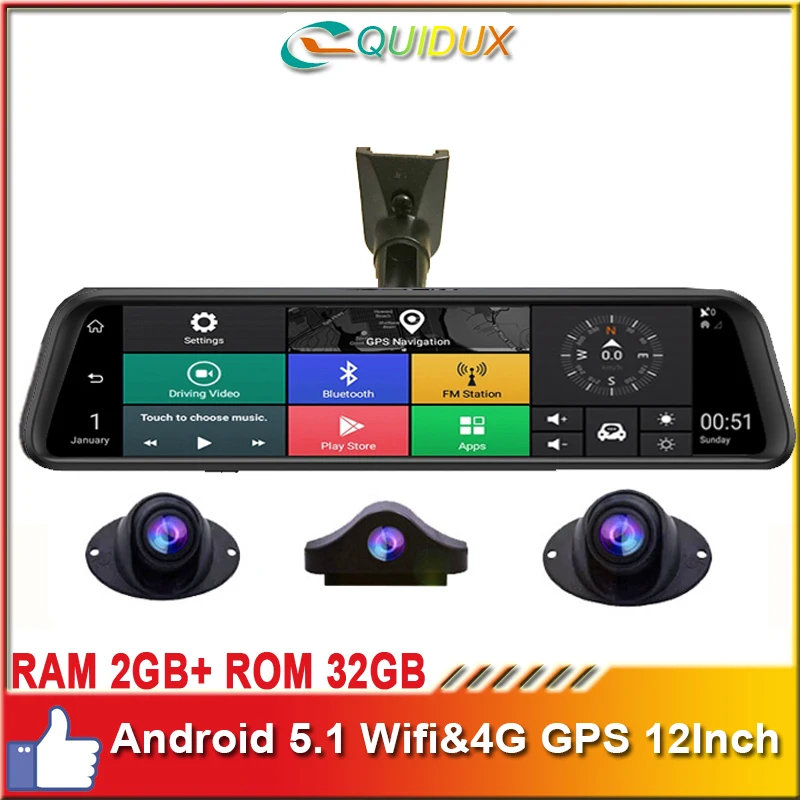 

4 Channel 12Inch 4G IPS Screen Car Dashcam Camera Recorder Rearview DVR Mirror 1080P Android 5.1 Wifi GPS Navigation Auto Video