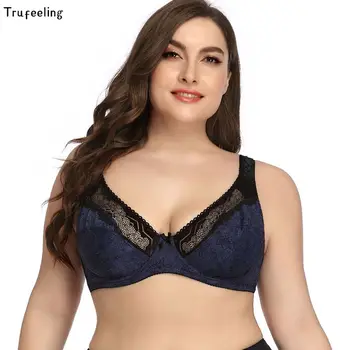 

Trufeeling Women Bra Lace Floral Bralette Transparent Hollow Lingerie No Padding Full Cup Unlined Underwear Plus Size 38C-48E