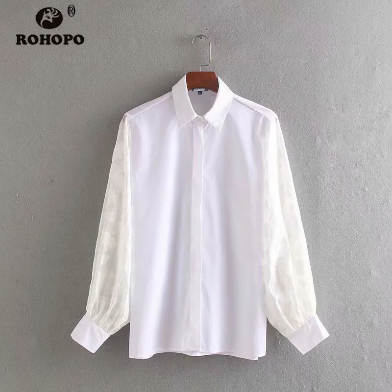 ROHOPO Женский Осенний Топ рубашка кружевной фонарь с длинным рукавом Patchaork шикарная белая блузка#9305