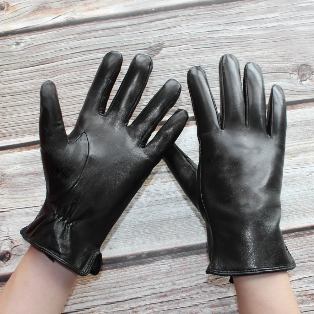 Bickmods New Men Imported Sheepskin Gloves Genuine Leather Coral Fleece Lining Black High Quality Fashion Black Winter Mittens