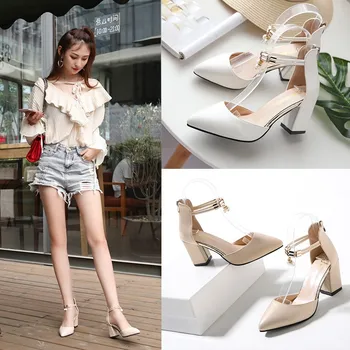 

2020 Summer New Style Korean-style Pearl Closed-toe High-heeled Sandals Women's Fashion Pointed Chunky-Heel after Zipper WOMEN'S