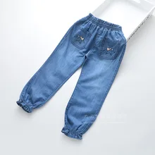 0312-04, летние новые стильные ковбойские брюки из Tencel с вышивкой и оборками для девочек