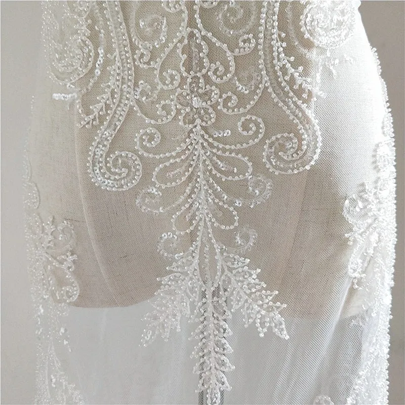 

European style Beaded lace fabric Ivory 1 yard! 2019 NEW High end wedding lace bride gowns dress lace with beads sequins Rayon!