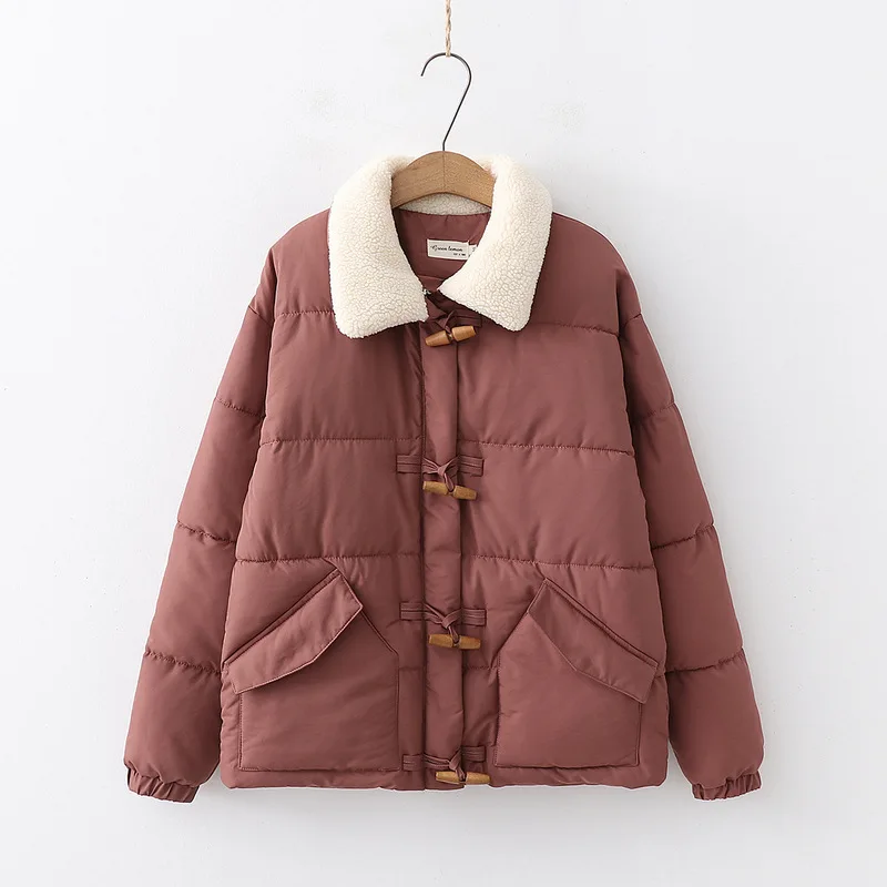 

Lambs Wool Fold-down Collar down Jacket Cotton-padded Clothes College Style Thick Loose-Fit Toggle Short Coltsfoot Korean-style