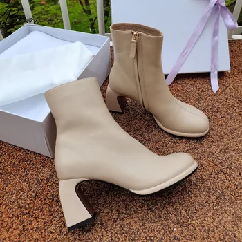 

Prowow Fashion Style Beige Black Genuine Leather Women Ankle Boots Round Toe Side Zip Thick High Heel Women Boots Shoes Woman