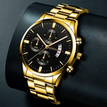 

Fashion Mens Gold Stainless Steel Watches Luxury Men Business Quartz Wrist Watch for Man Calendar Date Clock relogio masculino
