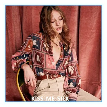 

KMS Latest New High Quality 100% Silk Blouses Women Shirt Printing Elegant Simple Design Long Sleeves Office Work Top Graceful
