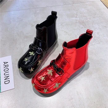 

Womens Round Toe Ankle Boots Embroidery Low Top Lace Up Retro Punk Motorcycle Shoes Metal Decor Plus Size 34-43