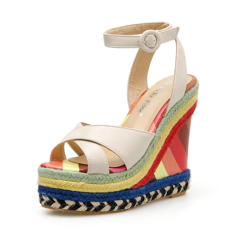 

JOJOFOX Rainbow Wedges Sandals Bohemia High Heels Hemp Rope Shoes Banquet Dance Female Sandals Strappy Platform Women Shoe Pumps