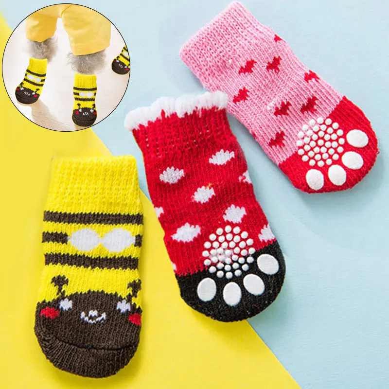 4pcs Cute Knitted Pet Dog Socks Anti Slip Winter Warm Paw Protector Dog
