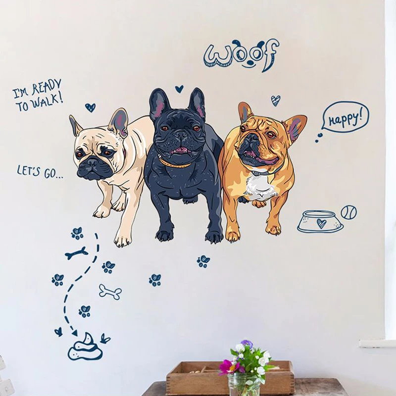 Мультяшные собаки Французский Бульдог наклейки на стену для детей спальня ванная комната Декор Детская комната настенные украшения аксессуары наклейки ПВХ удаление