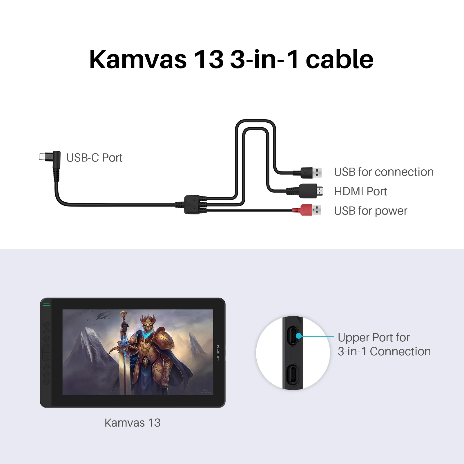 HUION 3 IN 1 ケーブル Kamvas 13 グラフィックタブレットモニターペン