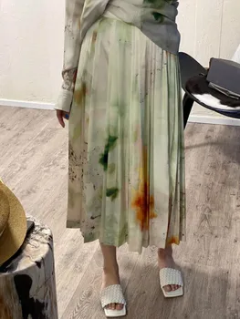 

2020 New Women Midi Pleated Skirt High Waist Spring Summer Print Ladies Elegant Fashion Skirts