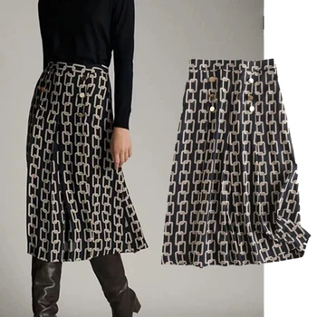 

2019 elegant england office lady urban gold Iron chain printing loose midi skirt women faldas mujer moda long skirts womens