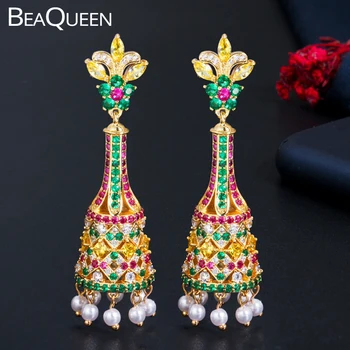 

BeaQueen Vintage Multicolor Cubic Zirconia Long Dangle Drop Pearl Hanging Earrings Gold Color Statement Jewelry for Women E383