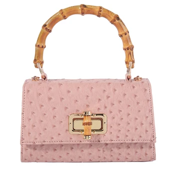 

Bamboo Handle Handbag Leather Retro Female Satchel Purse Rotating Lock Bamboo Buckle Ostrich texture Female Crossbody Bag Brand