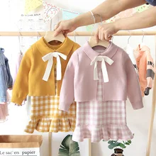 Одежда из 2 предметов осенне-зимний комплект с юбкой для девочек, детский вязаный свитер Топ принцессы+ платье, детская трикотажная одежда футболка для детей возрастом от 1 года до 5 лет