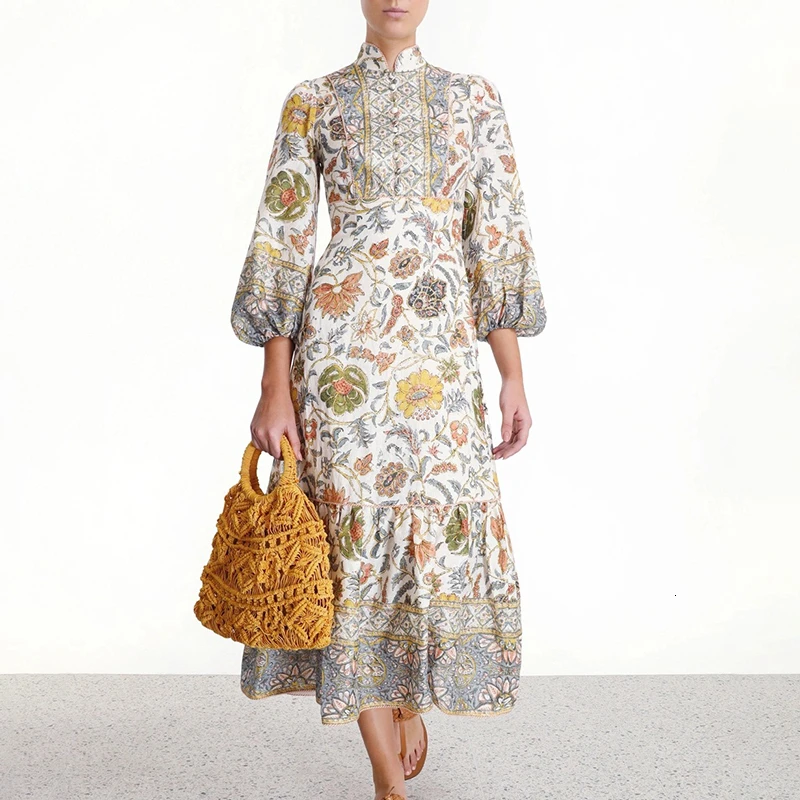 

Vintage Print Dresses Female Stand Collar Lantern Long Sleeve High Waist Ruffle Women's Dress Fashion Linen Midi Vestidoes